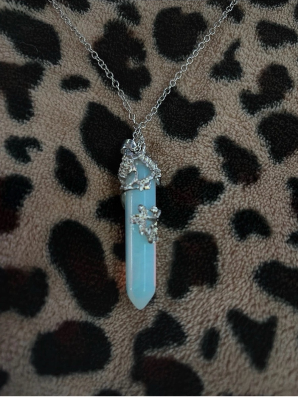 Faux Opalite Blue Crystal Pendant Necklace - Silver Tone